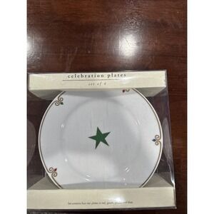 Set Of 4 Pier 1 Celebration Star Center Gold Scrolls Rim White Salad Plates New‎
